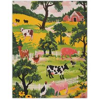 Artery8 Cute Farm Animals Cow Pig Chickens Painting Wall Art Print in Green | Size: W12" x H16"