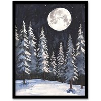 Artery8 Full Moon Over Winter Forest Landscape Snowy Trees Framed Art Print in Grey | Size: A4