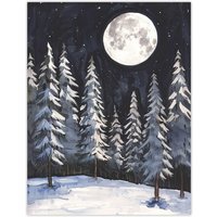 Artery8 Full Moon Over Winter Forest Landscape Snowy Trees Wall Art Print in Grey | Size: W24" x H32"