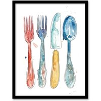 Artery8 Cutlery Fork Knife Spoon Bright Happy Watercolour Framed Art Print in Grey | Size: W12" x H16"