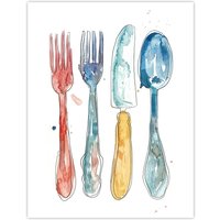 Artery8 Cutlery Fork Knife Spoon Bright Happy Watercolour Wall Art Print in Grey | Size: W24" x H32"