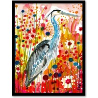 Artery8 Heron Bird in Colourful Abstract Flower Field Framed Art Print in Red | Size: A4