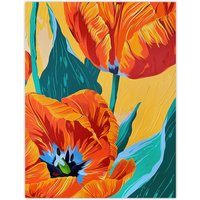Artery8 Stylised Orange Teal Tulip Flowers Vibrant Floral Wall Art Print | Size: W12" x H16"