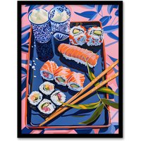 Artery8 Sushi Colourful Stylised Food Flatlay Painting Framed Art Print in Pink | Size: W12" x H16"