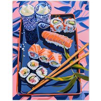 Artery8 Sushi Colourful Stylised Food Flatlay Painting Wall Art Print in Pink | Size: W12" x H16"