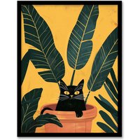 Artery8 Cat Lover Mischievous Pet in Tropical Plant Pot Framed Art Print in Green | Size: A4