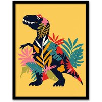 Artery8 Botanical T Rex Dinosaur Bright Graphic Collage Framed Art Print | Size: W12" x H16"