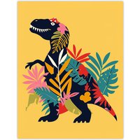 Artery8 Botanical T Rex Dinosaur Bright Graphic Collage Wall Art Print | Size: W12" x H16"