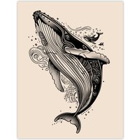 Artery8 Humpback Whale with Tribal Patterns Tattoo Style Wall Art Print in Beige | Size: W12" x H16"