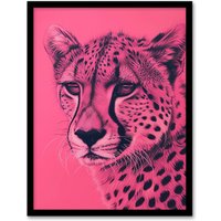 Artery8 Cheetah Hot Pink Pencil Art Animal Portrait Framed Art Print | Size: A4