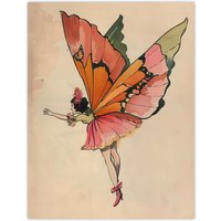 Artery8 Tinkerbell Butterfly Fairy Vintage Watercolour Wall Art Print in Beige | Size: W24" x H32"