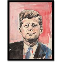 Artery8 John Kennedy JFK USA President Watercolour Framed Art Print in Red | Size: W12" x H16"