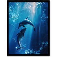Artery8 Majestic Dolphins Marine Life Underwater Seascape Framed Art Print in Blue | Size: A4