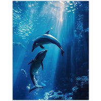 Artery8 Majestic Dolphins Marine Life Underwater Seascape Wall Art Print in Blue | Size: W18" x H24"