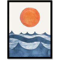Artery8 Summer Sun Over Ocean Waves Abstract Watercolour Framed Art Print in Orange | Size: A4