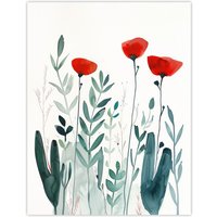 Artery8 Wild Poppy Flowers Bright Red Teal Watercolour Wall Art Print in Green | Size: W12" x H16"