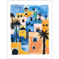 Artery8 Morocco African Cityscape Blue Orange Watercolour Wall Art Print | Size: W24" x H32"