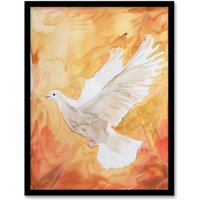 Artery8 White Peace Dove Warm Orange Red Watercolour Framed Art Print | Size: A4
