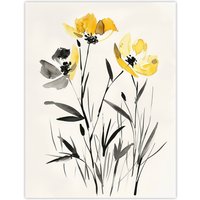 Artery8 Wildflower Blooms Black White Yellow Watercolour Wall Art Print | Size: W18" x H24"