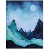 Artery8 Northen Lights Aurora Borealis Mountain View Wall Art Print in Blue | Size: W24" x H32"