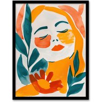 Artery8 Abstract Floral Female Portrait Orange Teal Boho Framed Art Print | Size: W12" x H16"