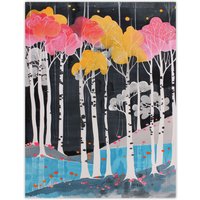 Artery8 Colourful Birch Tree Forest River Bank Landscape Wall Art Print | Size: W18" x H24"