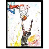 Artery8 Basketball Player Jump Hoop Sport Watercolour Framed Art Print | Size: A4