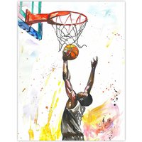 Artery8 Basketball Player Jump Hoop Sport Watercolour Wall Art Print | Size: W24" x H32"