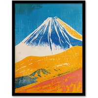 Artery8 Mount Fuji Japan Orange Blue Volcano Framed Art Print | Size: A4