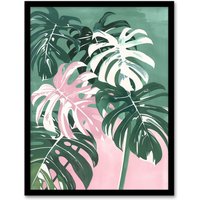 Artery8 Plant Lover Monstera Leaves Green Pink Botanical Framed Art Print | Size: W12" x H16"