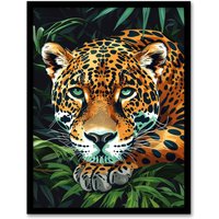 Artery8 Resting Jaguar In Lush Jungle Animal Portrait Framed Art Print in Green | Size: A4