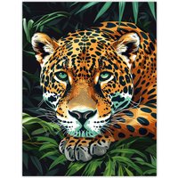 Artery8 Resting Jaguar In Lush Jungle Animal Portrait Wall Art Print in Green | Size: W24" x H32"