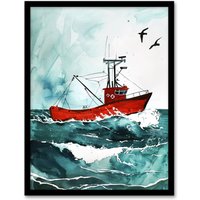 Artery8 Red Fishing Boat at Sea Nautical Watercolour Framed Art Print in Blue | Size: A4