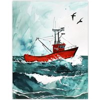 Artery8 Red Fishing Boat at Sea Nautical Watercolour Wall Art Print in Blue | Size: W18" x H24"