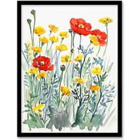 Artery8 Red Poppies & Yellow Marigolds Wildflower Field Framed Art Print | Size: W12" x H16"