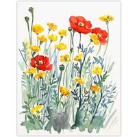 Artery8 Red Poppies & Yellow Marigolds Wildflower Field Wall Art Print | Size: W24" x H32"