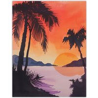 Artery8 Hawaii Sunset Beach Cove Palm Trees Watercolour Wall Art Print in Orange | Size: W24" x H32"