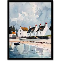 Artery8 Isle Jura Fisherman Seaside Cottages Watercolour Framed Art Print in Blue | Size: A4