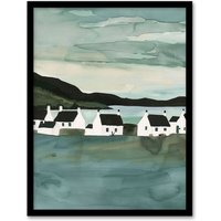 Artery8 Fisherman Cottages Scotland Seaside Watercolour Framed Art Print in Green | Size: A4