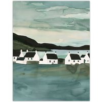 Artery8 Fisherman Cottages Scotland Seaside Watercolour Wall Art Print in Green | Size: W18" x H24"