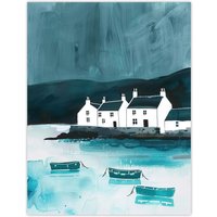 Artery8 Scottish Seascape White Coastal Cottages Boats Wall Art Print in Blue | Size: W18" x H24"