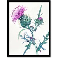 Artery8 Scottish Thistle Flower Bloom Floral Watercolour Framed Art Print in Purple | Size: W12" x H16"