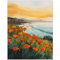 Artery8 Shoreline California Poppies Floral Watercolour Wall Art Print | Size: W12" x H16"