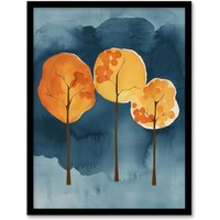 Artery8 Abstract Autumn Trees Orange Blue Watercolour Framed Art Print | Size: A4