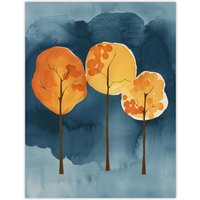 Artery8 Abstract Autumn Trees Orange Blue Watercolour Wall Art Print | Size: W24" x H32"