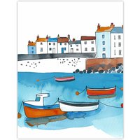 Artery8 St Ives Bay Boats Coastal Cityscape Watercolour Wall Art Print in Blue | Size: W18" x H24"