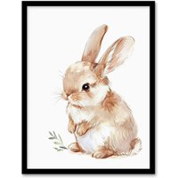 Artery8 Adorable Fluffy Baby Bunny Animal Watercolour Framed Art Print in Beige | Size: W12" x H16"