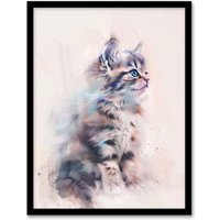 Artery8 Cat Lover Cute Fluffy Ragdoll Kitten Watercolour Framed Art Print in Grey | Size: A4