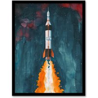 Artery8 Space Apollo 11 Saturn V Rocket Launch Painting Framed Art Print in Blue | Size: A4