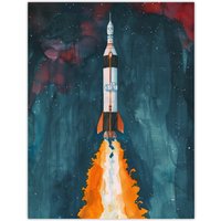 Artery8 Space Apollo 11 Saturn V Rocket Launch Painting Wall Art Print in Blue | Size: W12" x H16"